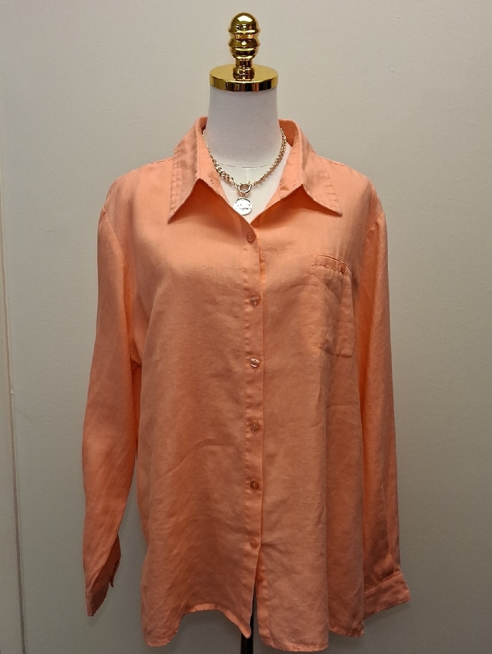 Chadwicks Peach Linen Blend Button Up Shirt Collared Top Size 16